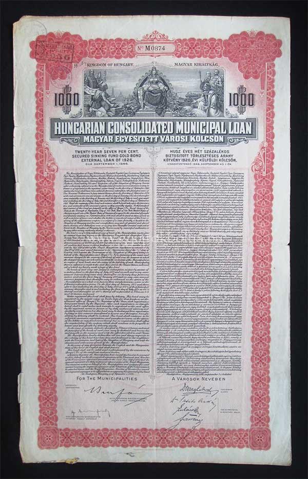 Magyar Egyestett Vrosi Klcsn ktvny 1000 USA dollr 1926